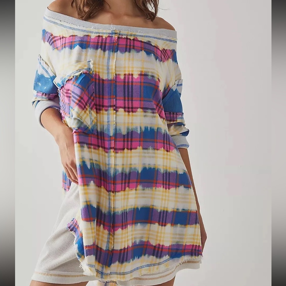 Free People Intimately Fresh In Flannel Plaid Off the shoulder Pullover Top